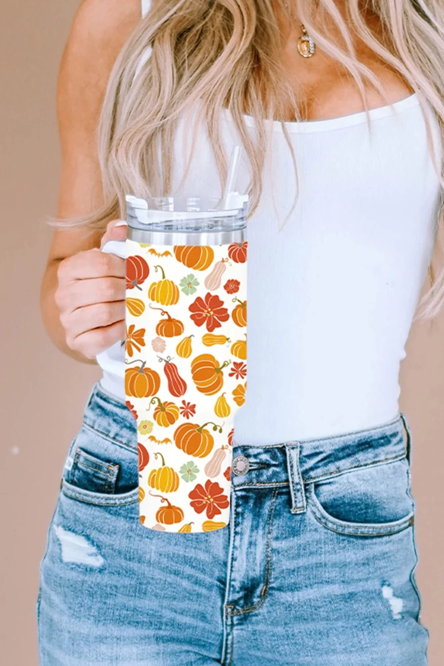 Shewin Women's White 304 Stainless Steel Pumpkin Print Double Wall Insulated Tumbler Cup