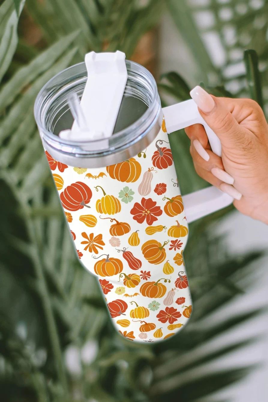 Shewin Women's White 304 Stainless Steel Pumpkin Print Double Wall Insulated Tumbler Cup