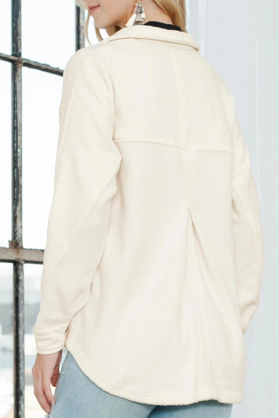 Women's Beige Button-Up Shacket with Stitching Detail & Pocket - Shewin