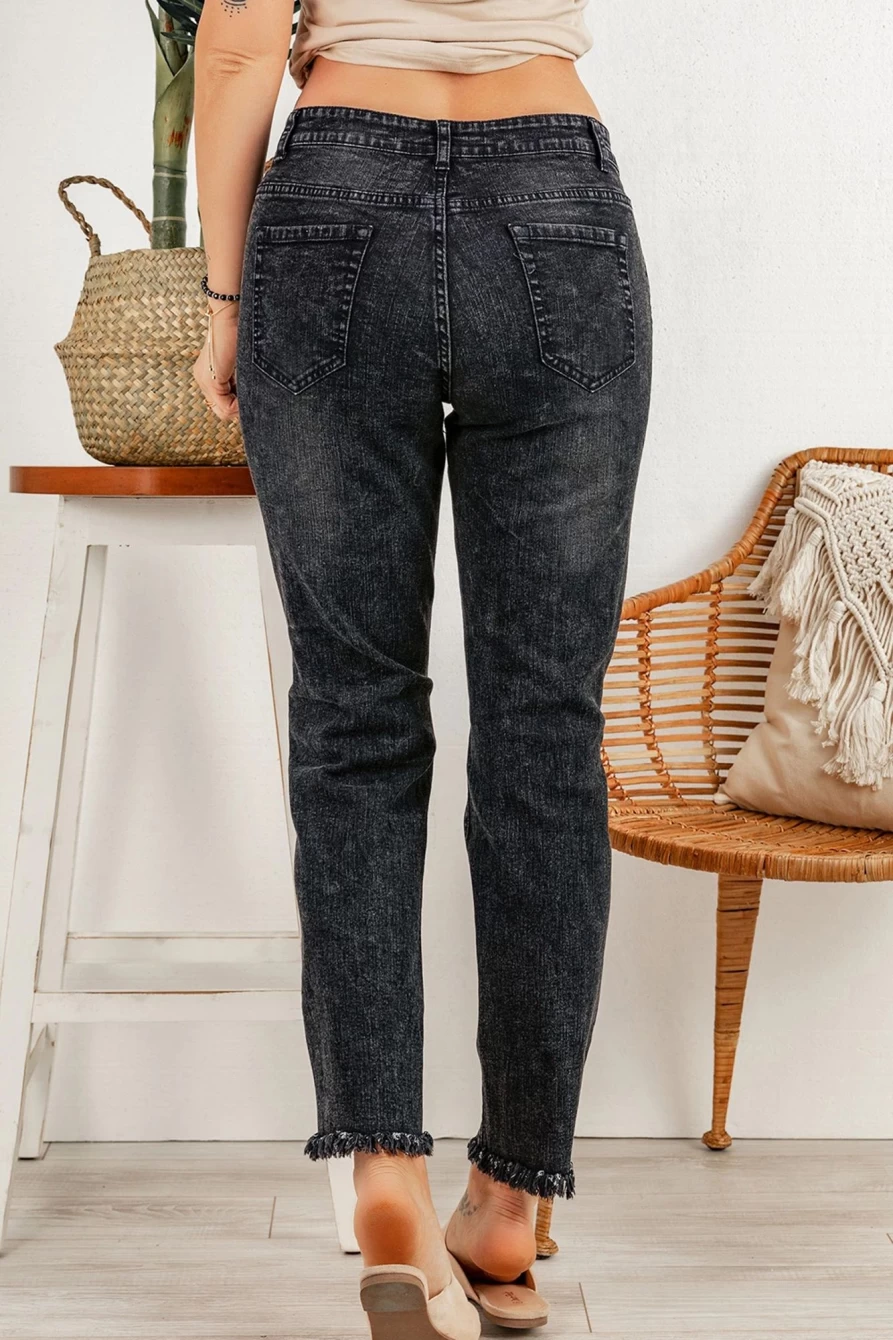 Shewin Women's Black Ripped Washed Jeans with Chenille Heart Patch Detail