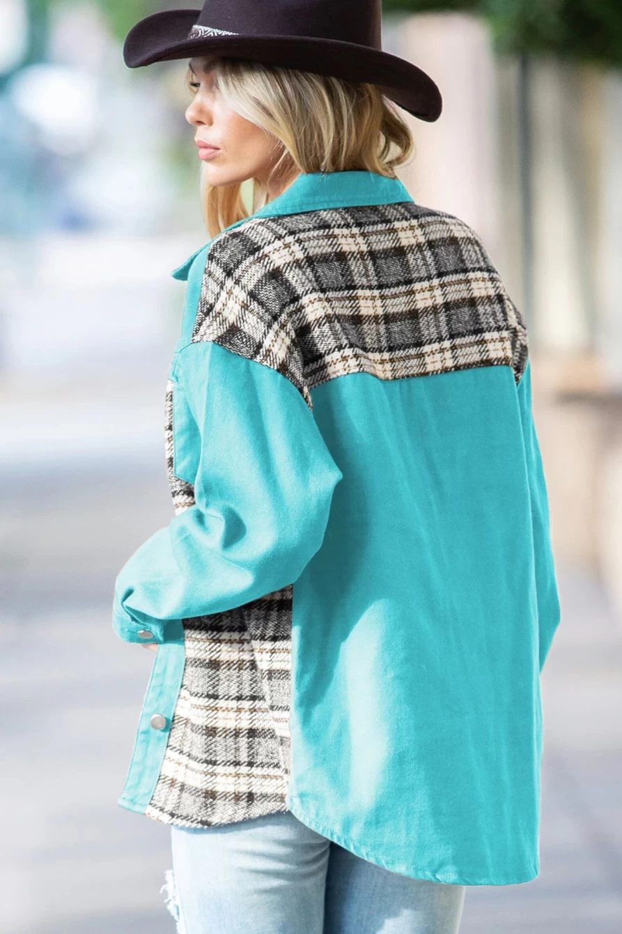 "Shewin Women's Sky Blue Plaid Patchwork Denim Jacket with Pockets"