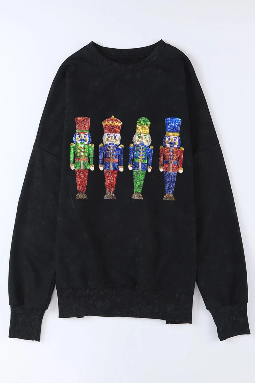 Shewin Women's Black Christmas Nutcracker Graphic Side Split Sweatshirt