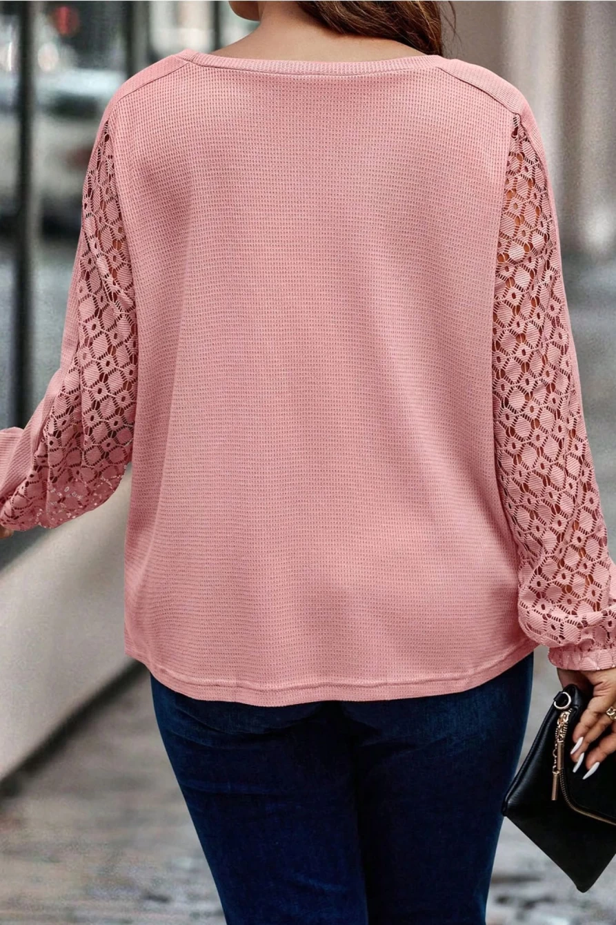 Shewin Women's Plus Size Apricot Pink Waffle Textured Top with Contrast Lace Sleeves
