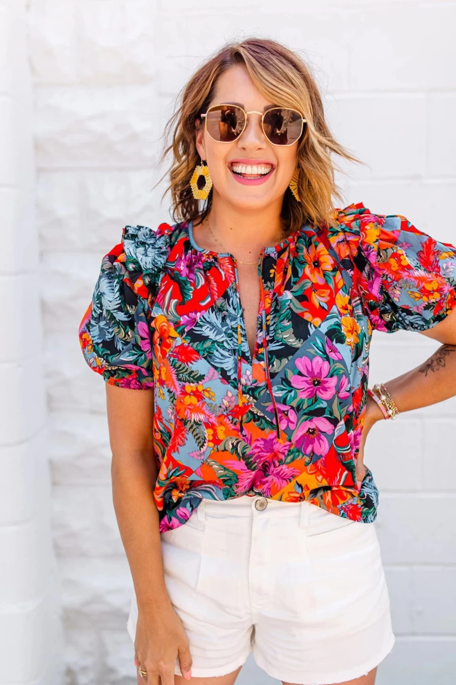 Shewin Women's Multicolour Boho Tropical Floral V-Neck Ruffle Blouse
