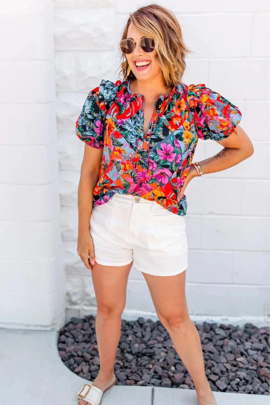 Shewin Women's Multicolour Boho Tropical Floral V-Neck Ruffle Blouse
