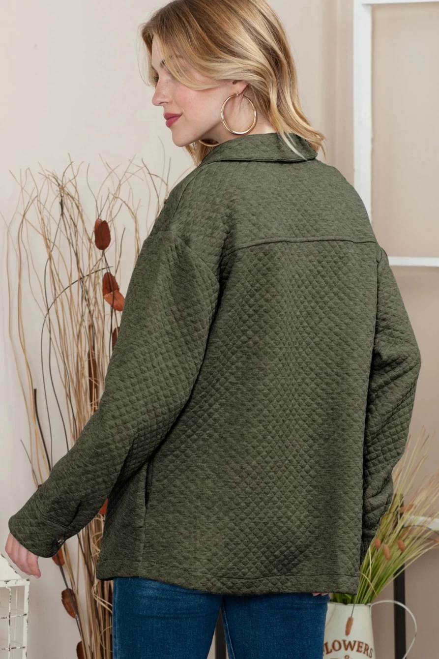 Women's Green Quilted Shacket with Lattice Texture Pockets - Shewin Button Up Jacket