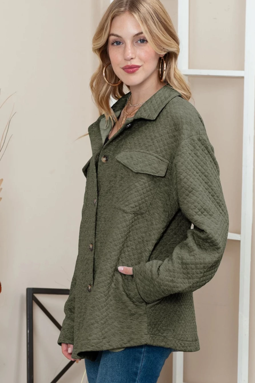 Women's Green Quilted Shacket with Lattice Texture Pockets - Shewin Button Up Jacket
