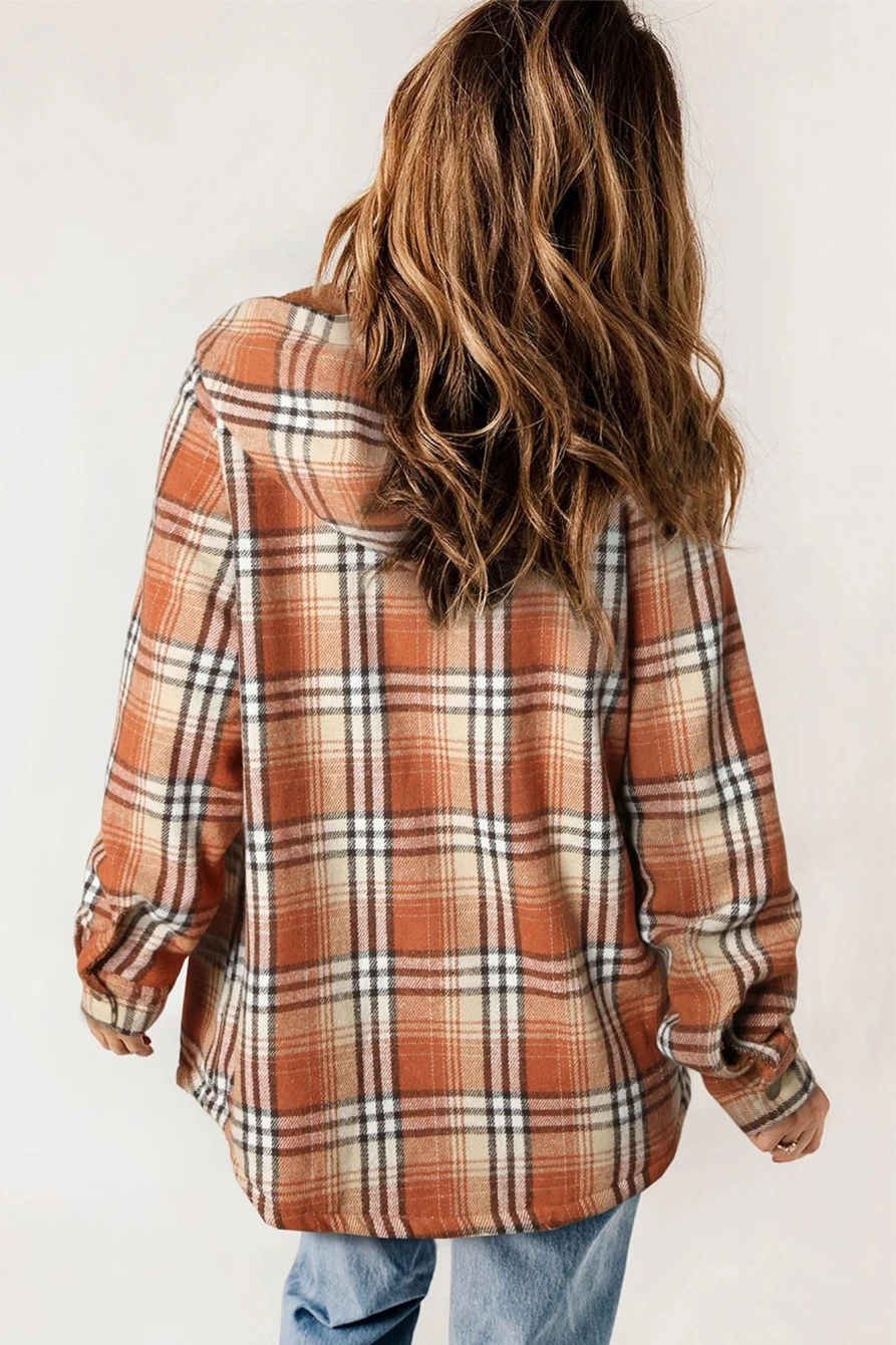 Shewin Women's Orange Sherpa-Lined Flannel Jacket with Snap Buttons & Hood