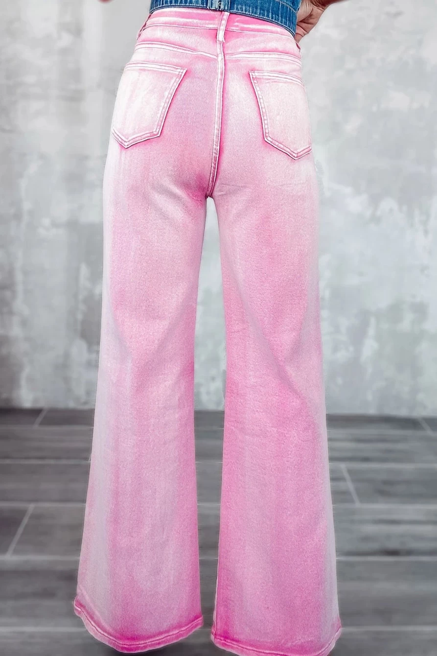 Shewin Women's Pink Washed Rhinestone High Waist Wide Leg Jeans - Distressed Denim Pants with Cutout Design