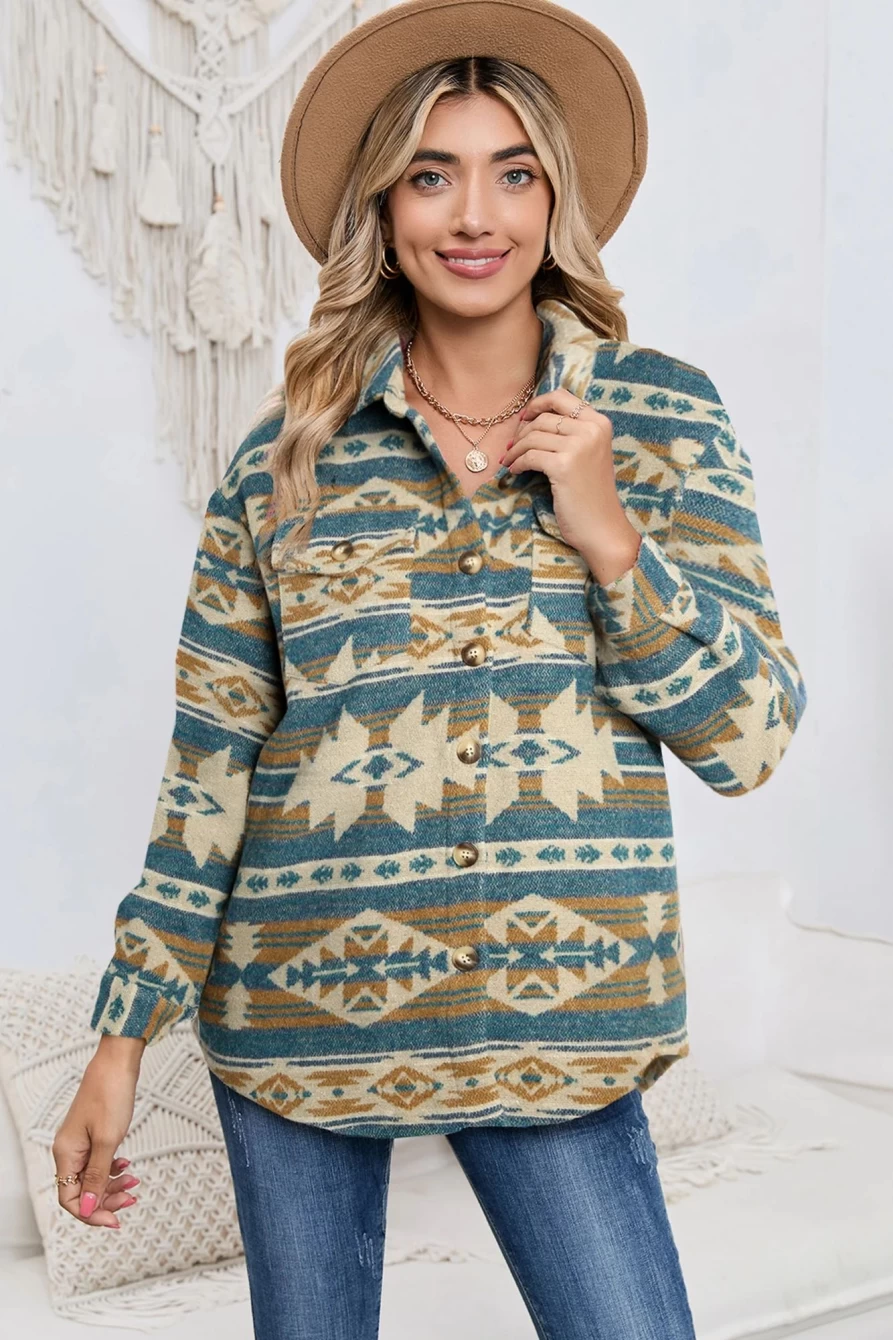 Shewin Women's Blue Geometric Print Button Up Jacket with Flap Pockets