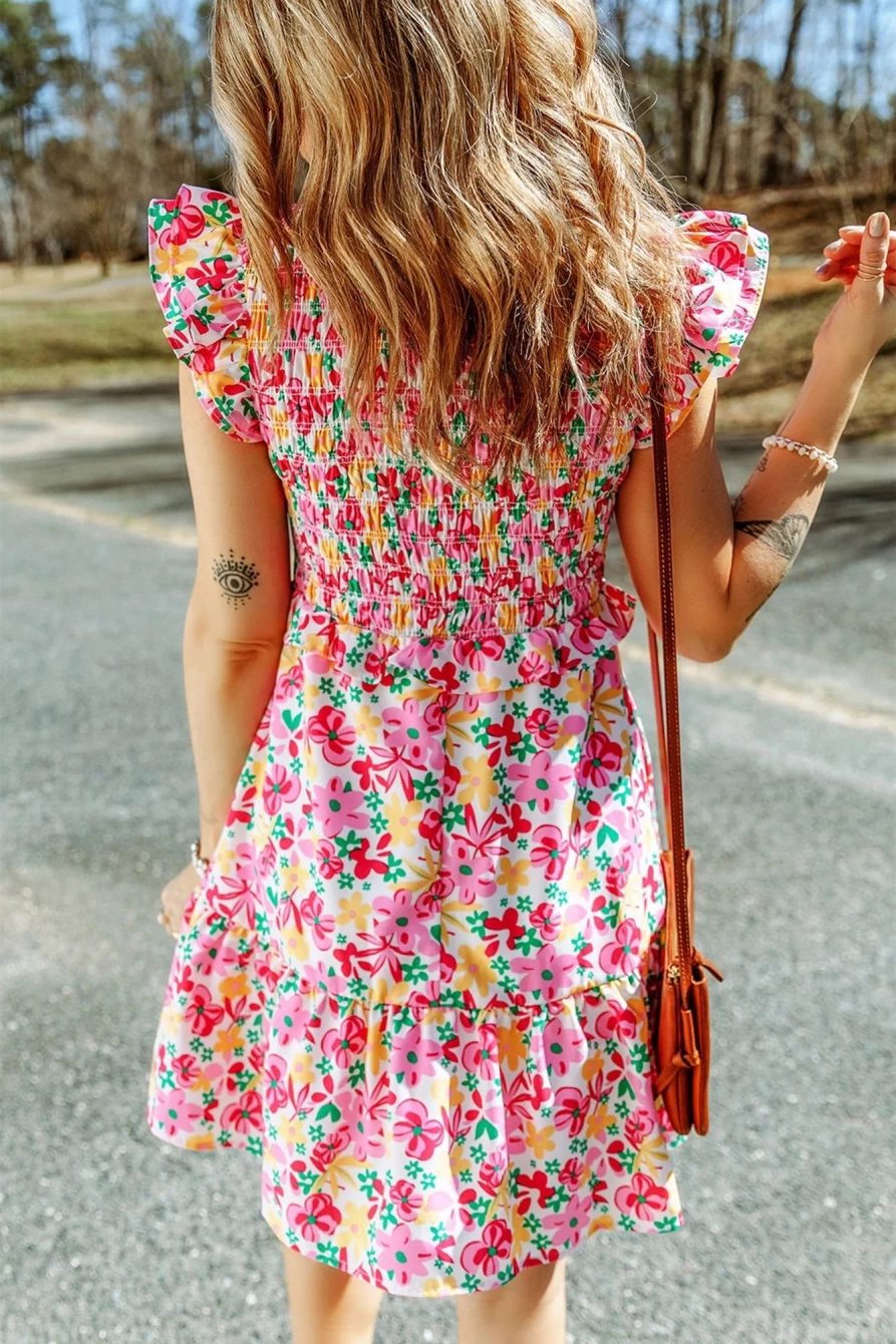 Shewin Women's Multicolor Floral Smocked Dress with Ruffle Trim & Short Hem