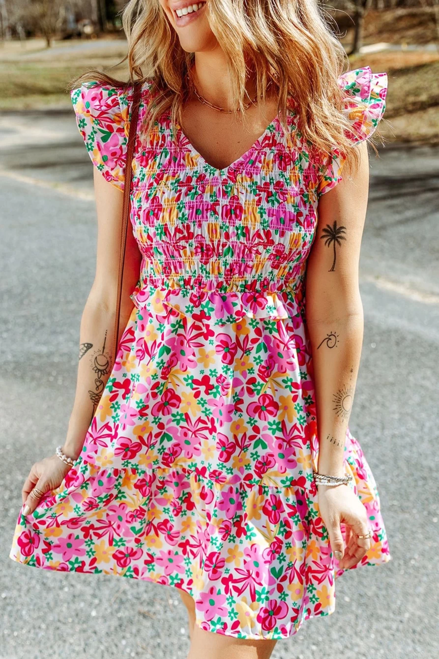 Shewin Women's Multicolor Floral Smocked Dress with Ruffle Trim & Short Hem