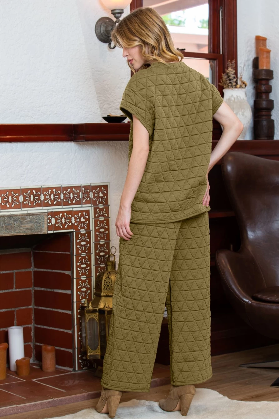 Shewin Women's Sage Green Quilted Short Sleeve Top & Wide Leg Pants Set