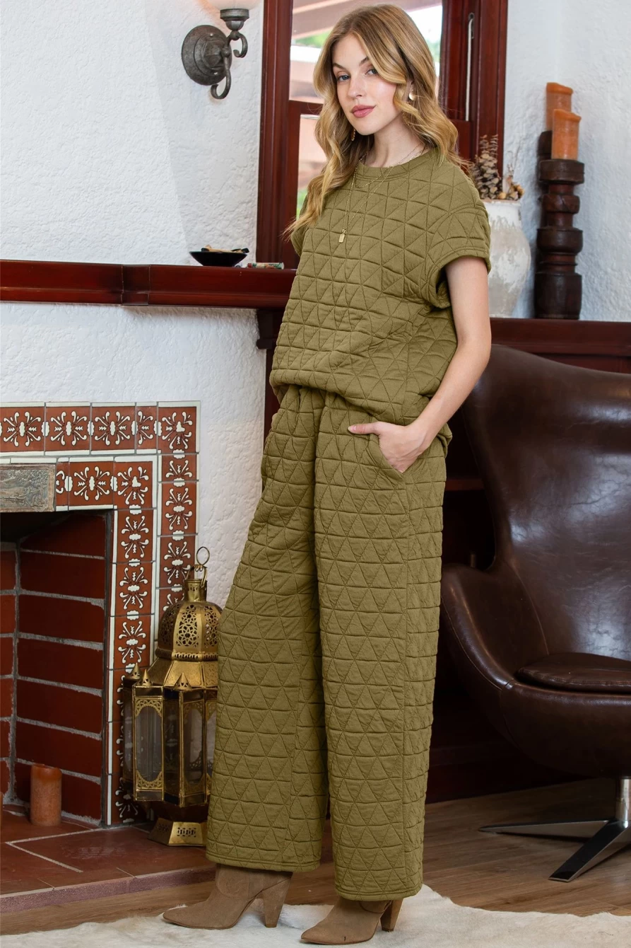 Shewin Women's Sage Green Quilted Short Sleeve Top & Wide Leg Pants Set