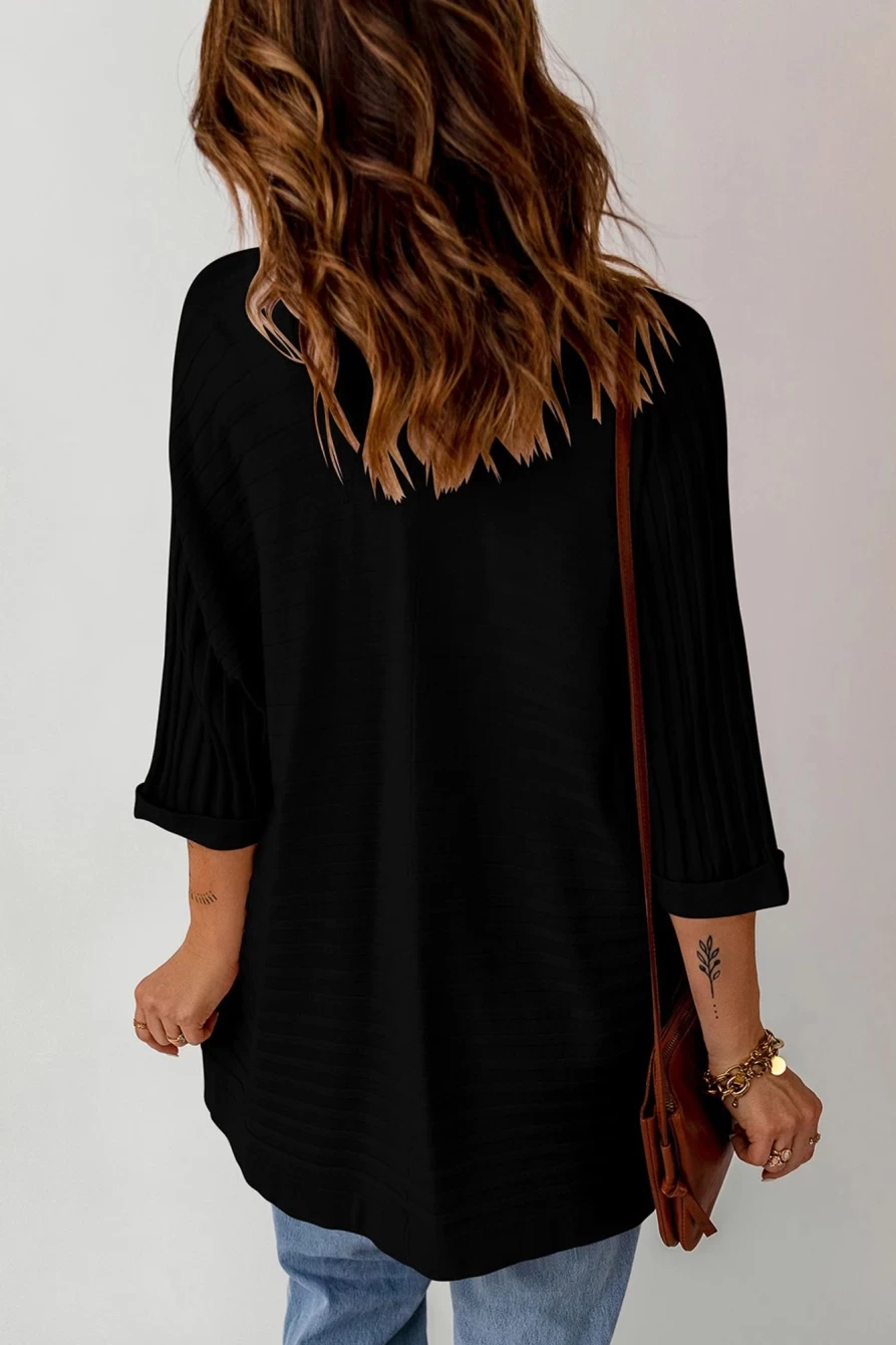 Shewin Women's Black Textured Ribbed Knit Cardigan Mid Sleeve Open Front