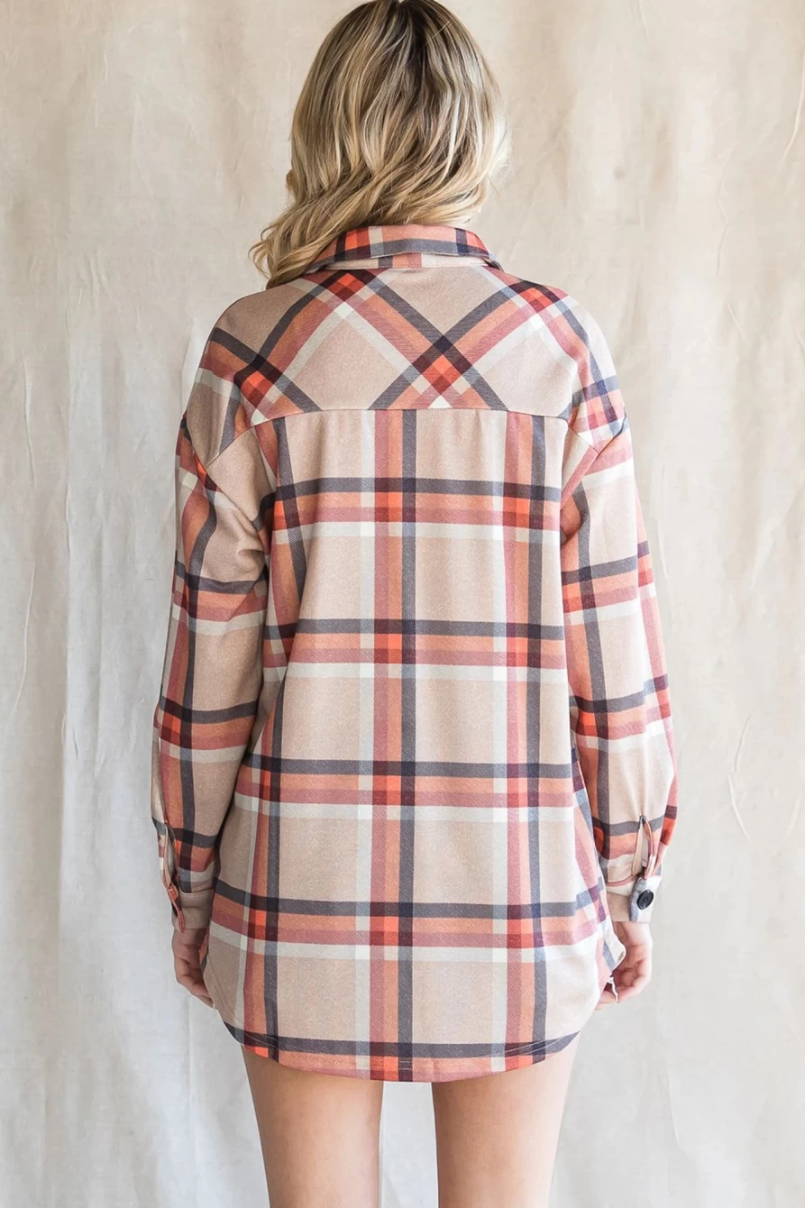 Women's Khaki Plaid Shacket with Pockets - Casual Button-Up Overshirt by Shewin