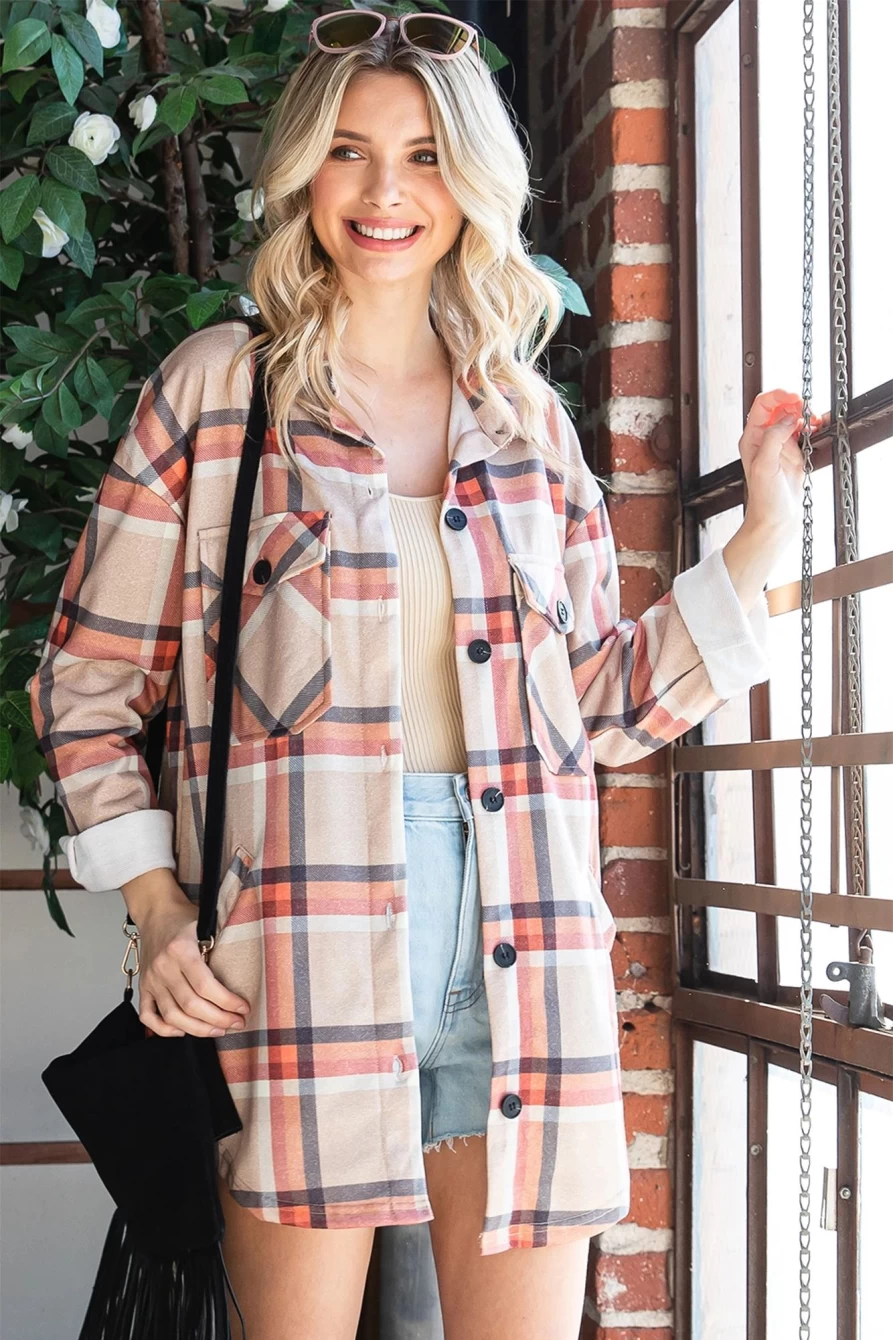 Women's Khaki Plaid Shacket with Pockets - Casual Button-Up Overshirt by Shewin
