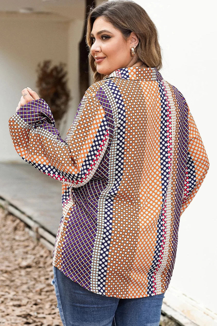 Shewin Women's Brown Plus Size Patchwork Button Up Shirt with Dotted Detail