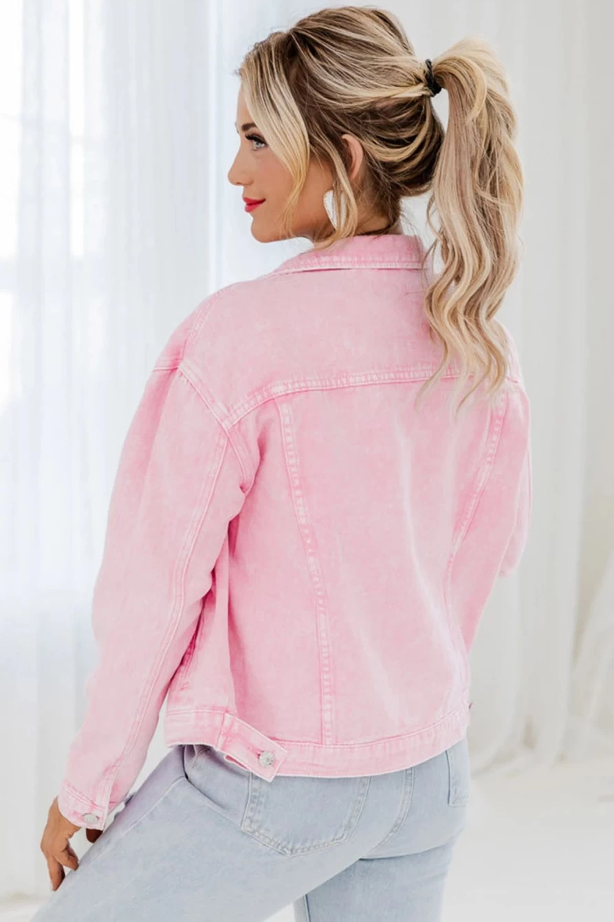 Women's Pink Light Wash Denim Jacket with Flap Pockets & Button Up - SHEWIN
