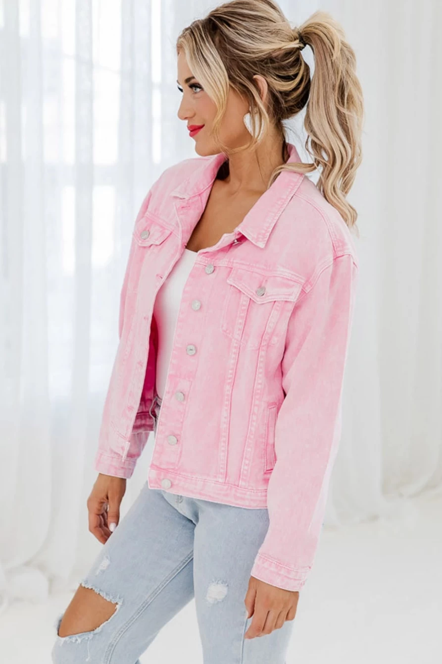 Women's Pink Light Wash Denim Jacket with Flap Pockets & Button Up - SHEWIN