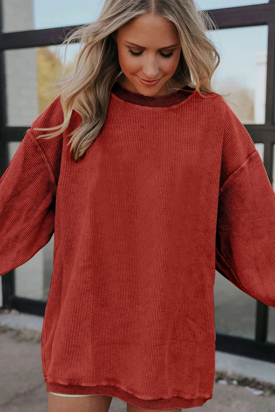 Shewin Women's Racing Red Oversized Sweatshirt with Contrast Trim & Corded Details