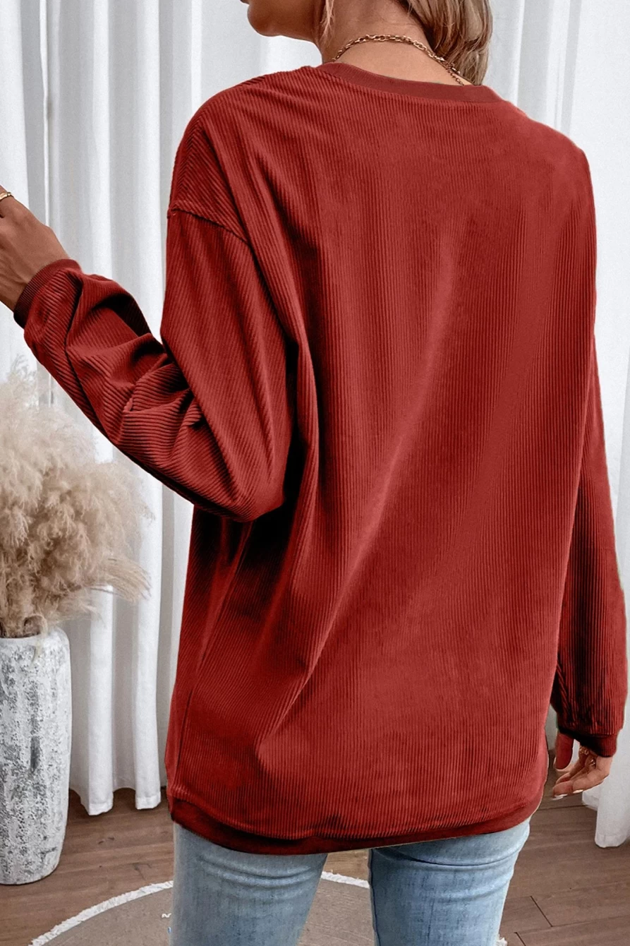 Shewin Women's Racing Red Oversized Sweatshirt with Contrast Trim & Corded Details