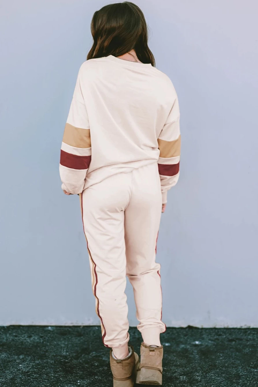 Shewin Women's White Color Block Loungewear Set with Contrast Sleeve Trim