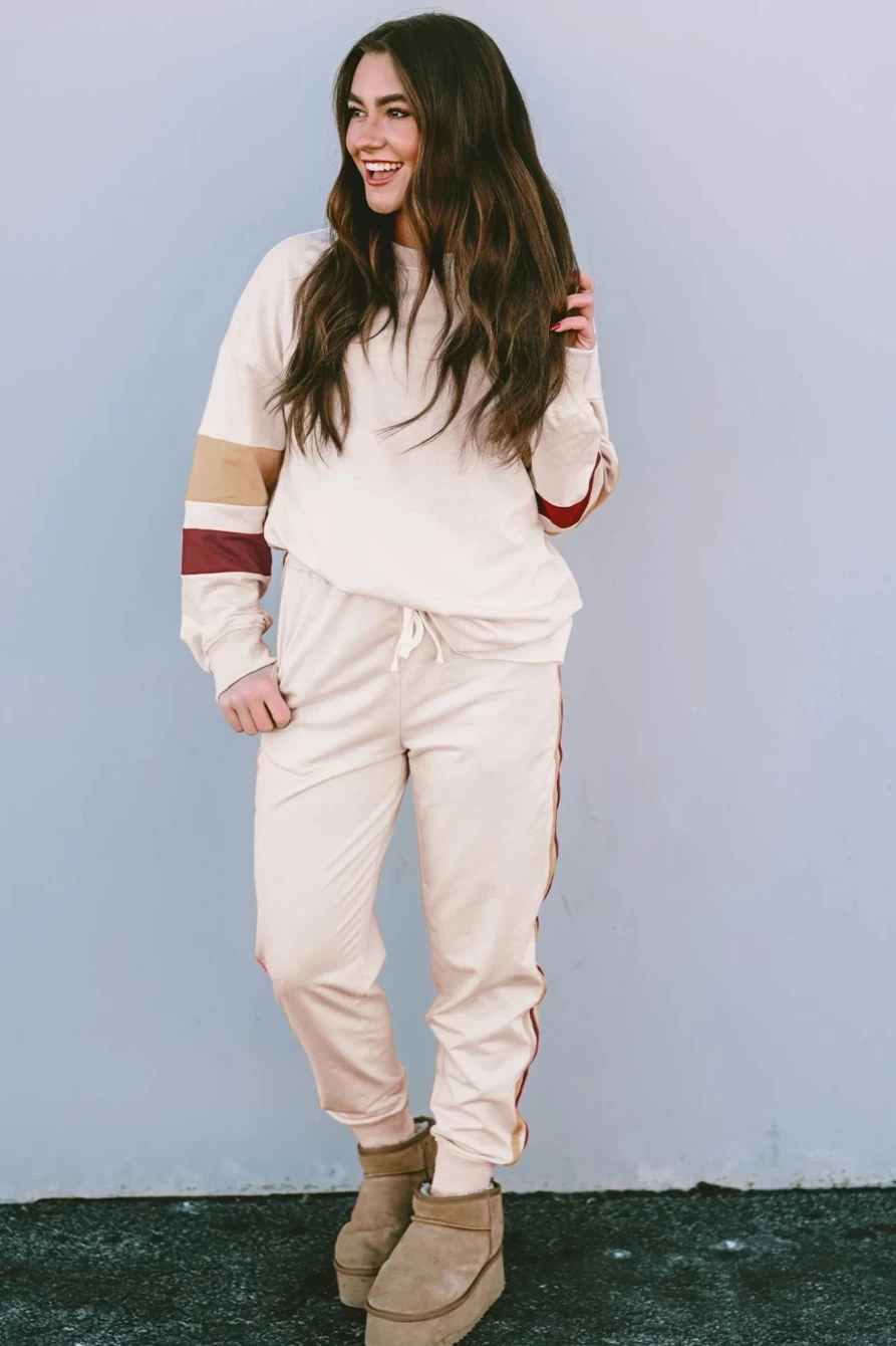 Shewin Women's White Color Block Loungewear Set with Contrast Sleeve Trim