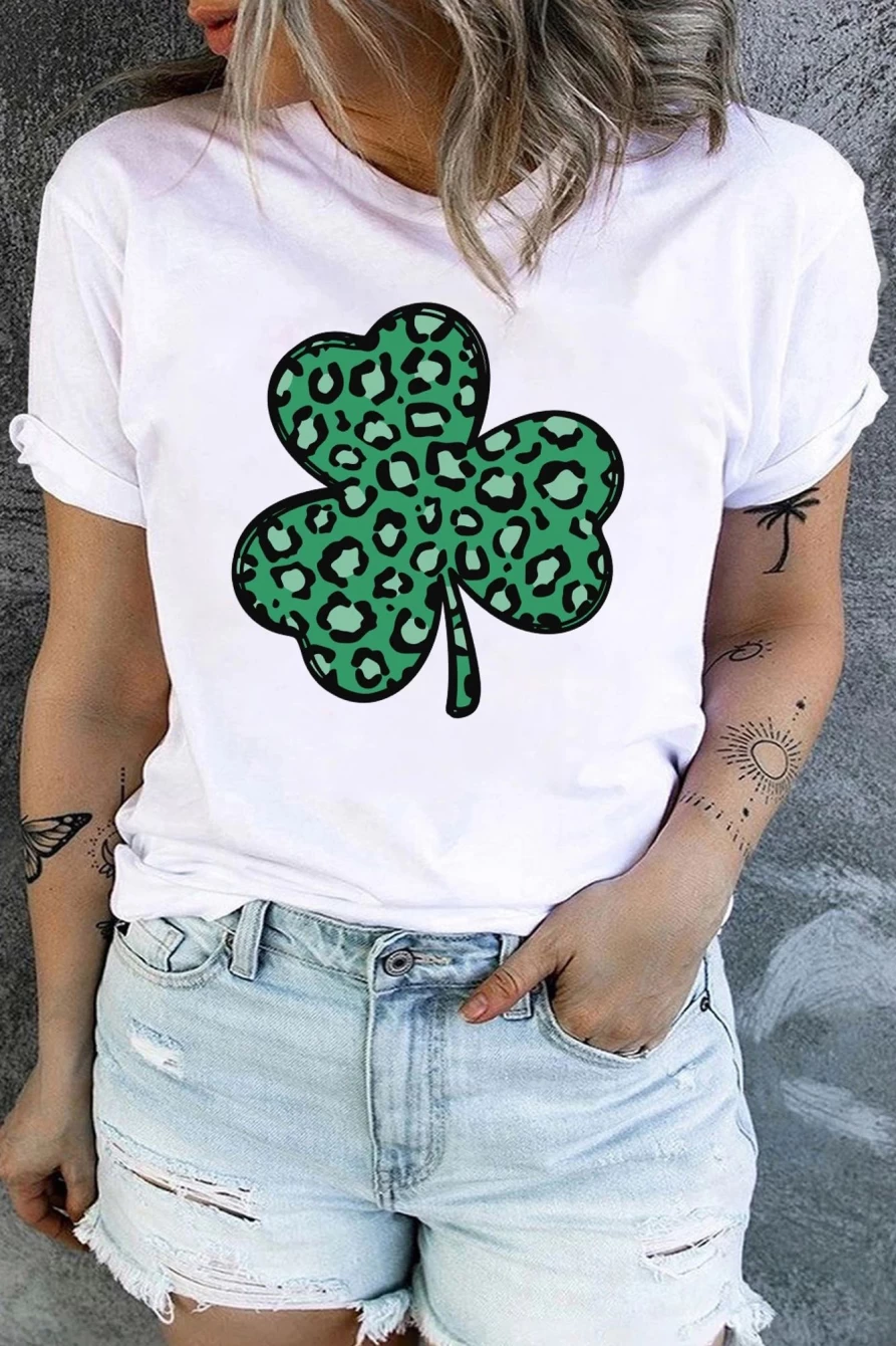 Shewin Women's White Leopard & Clover Print St. Patrick's Day Graphic Tee