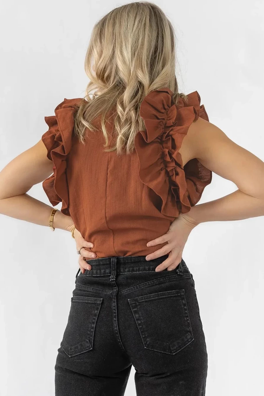 Shewin Women's Red Sandalwood Solid Color Tiered Ruffle Shoulder Blouse