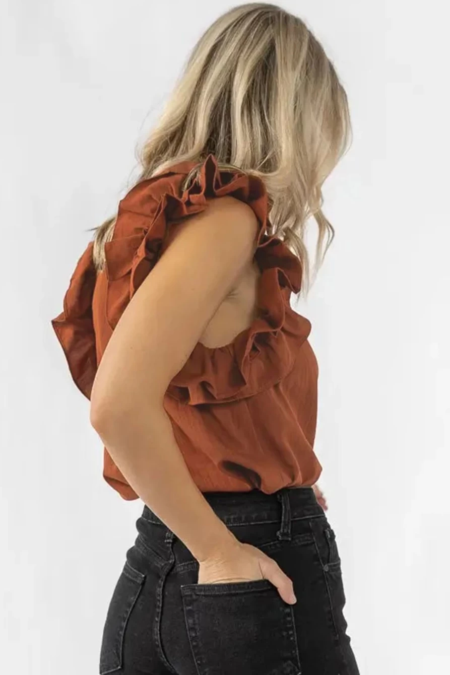 Shewin Women's Red Sandalwood Solid Color Tiered Ruffle Shoulder Blouse