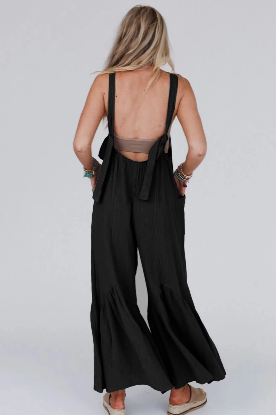 Shewin Women's Black Solid Color Pleated Flare Leg Jumpsuit with Pockets