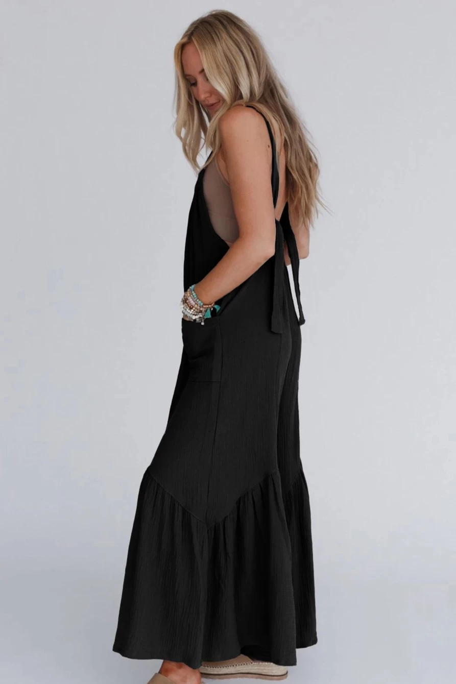 Shewin Women's Black Solid Color Pleated Flare Leg Jumpsuit with Pockets