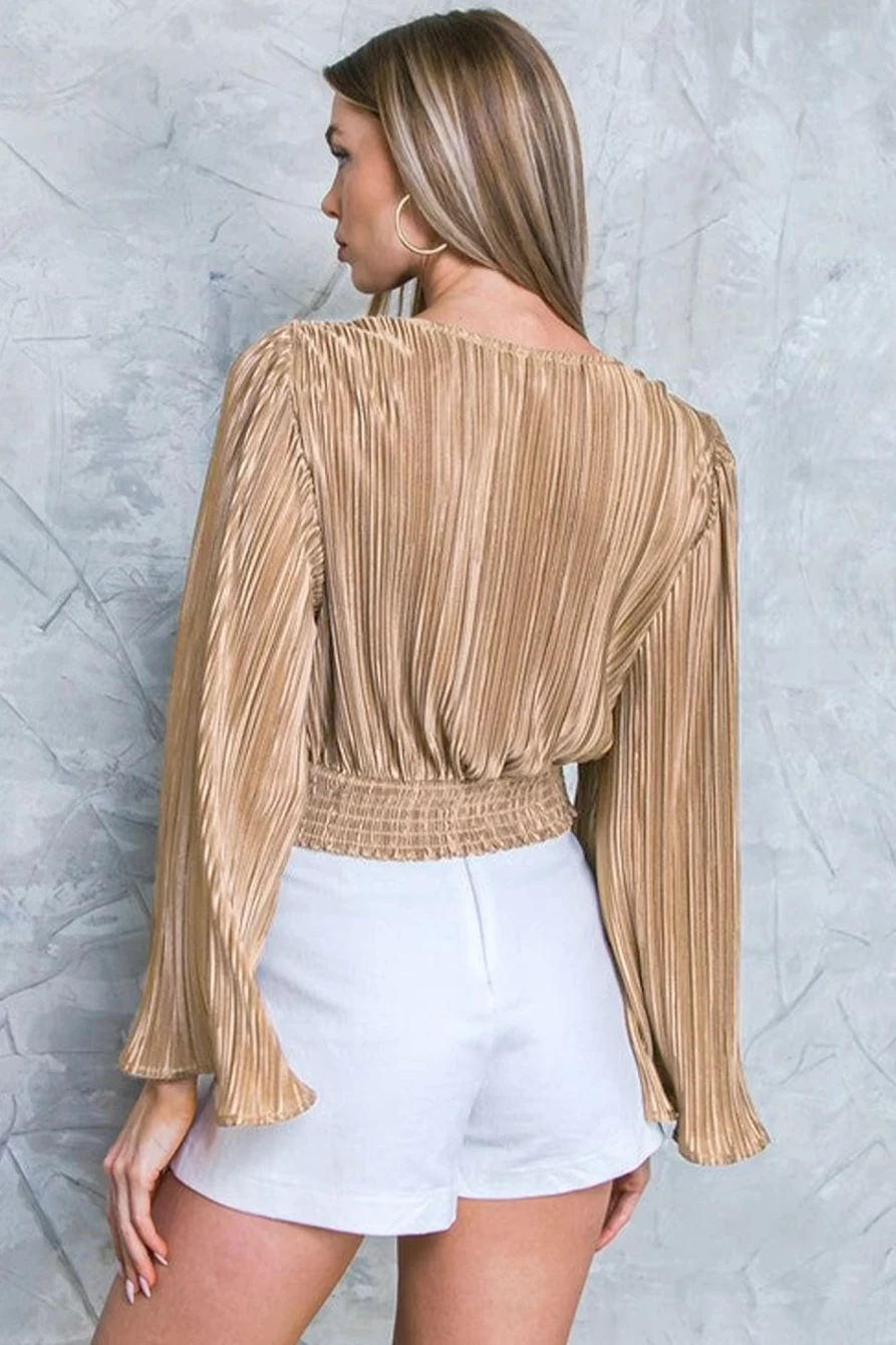 Shewin Women's Camel Pleated Cropped Blouse with Bell Sleeves & V-Neck Twist Detail