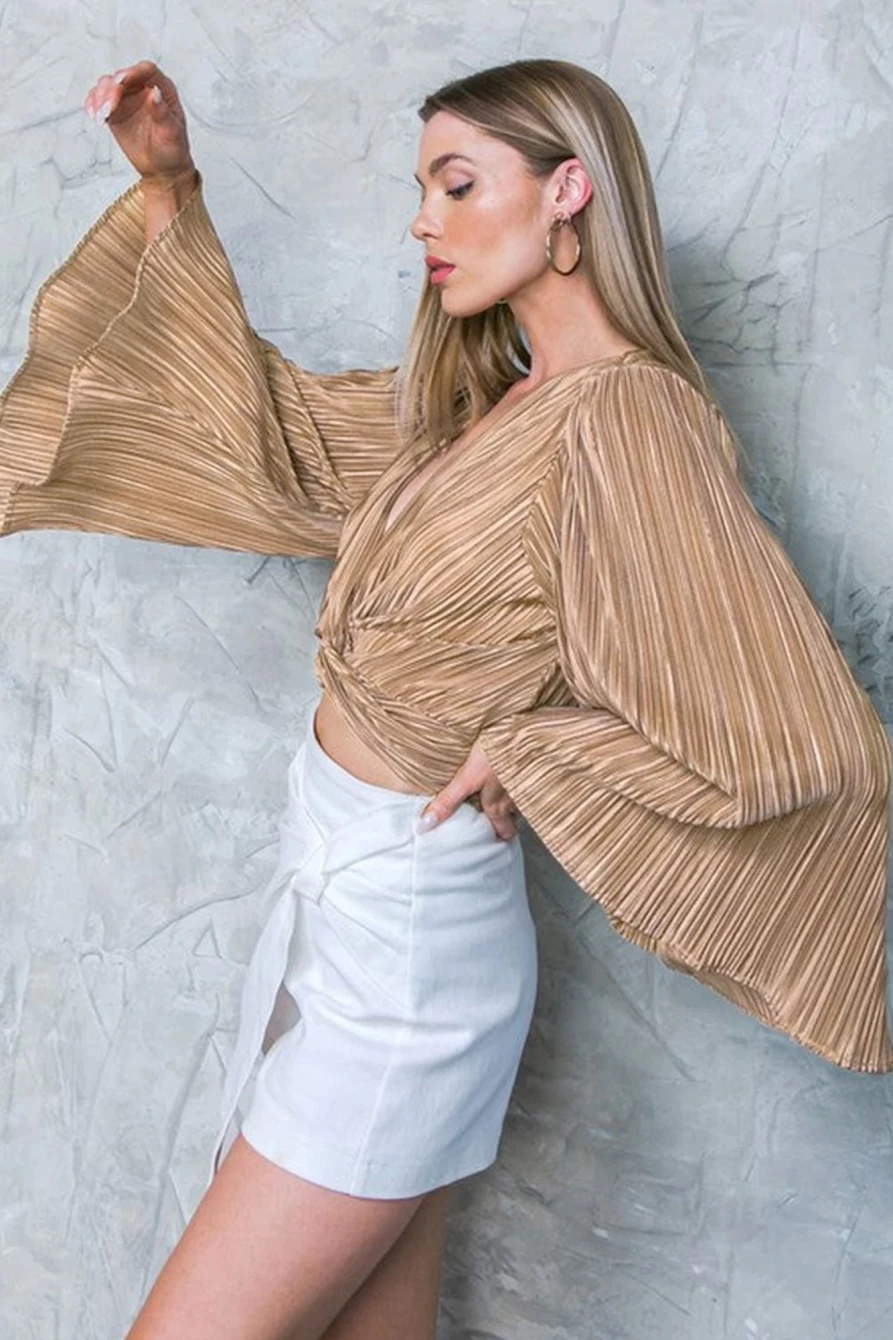 Shewin Women's Camel Pleated Cropped Blouse with Bell Sleeves & V-Neck Twist Detail