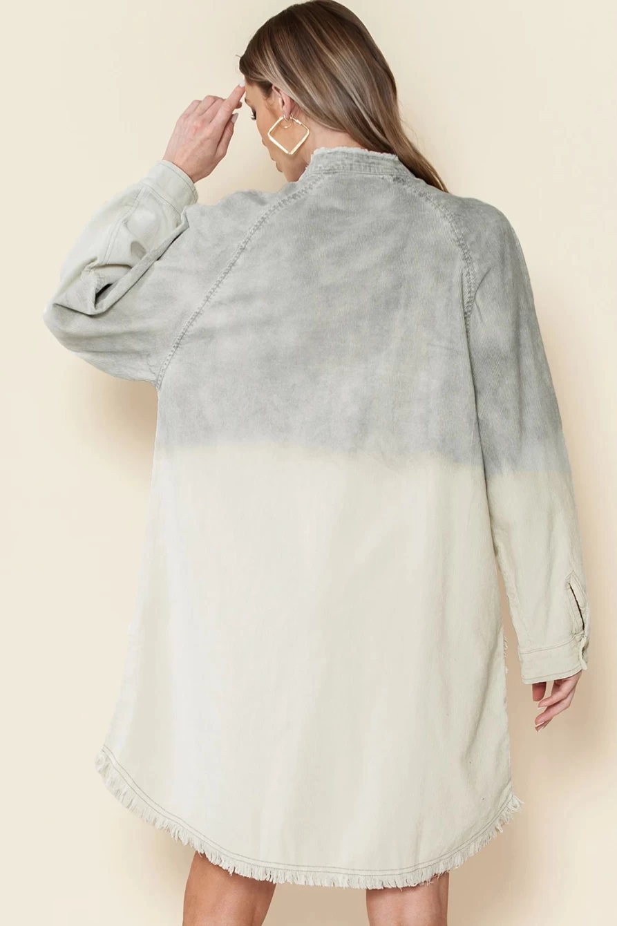 Shewin Women's Gray Gradient Button-Up Dress with Pockets and Raw Trim