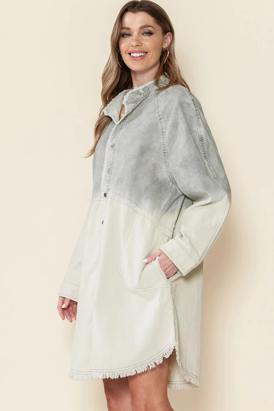 Shewin Women's Gray Gradient Button-Up Dress with Pockets and Raw Trim