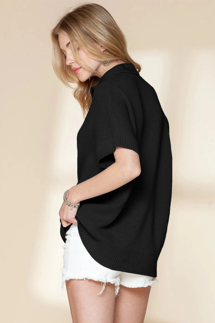 Women's Black Quarter Zip Batwing Sleeve Pullover Sweater - Shewin