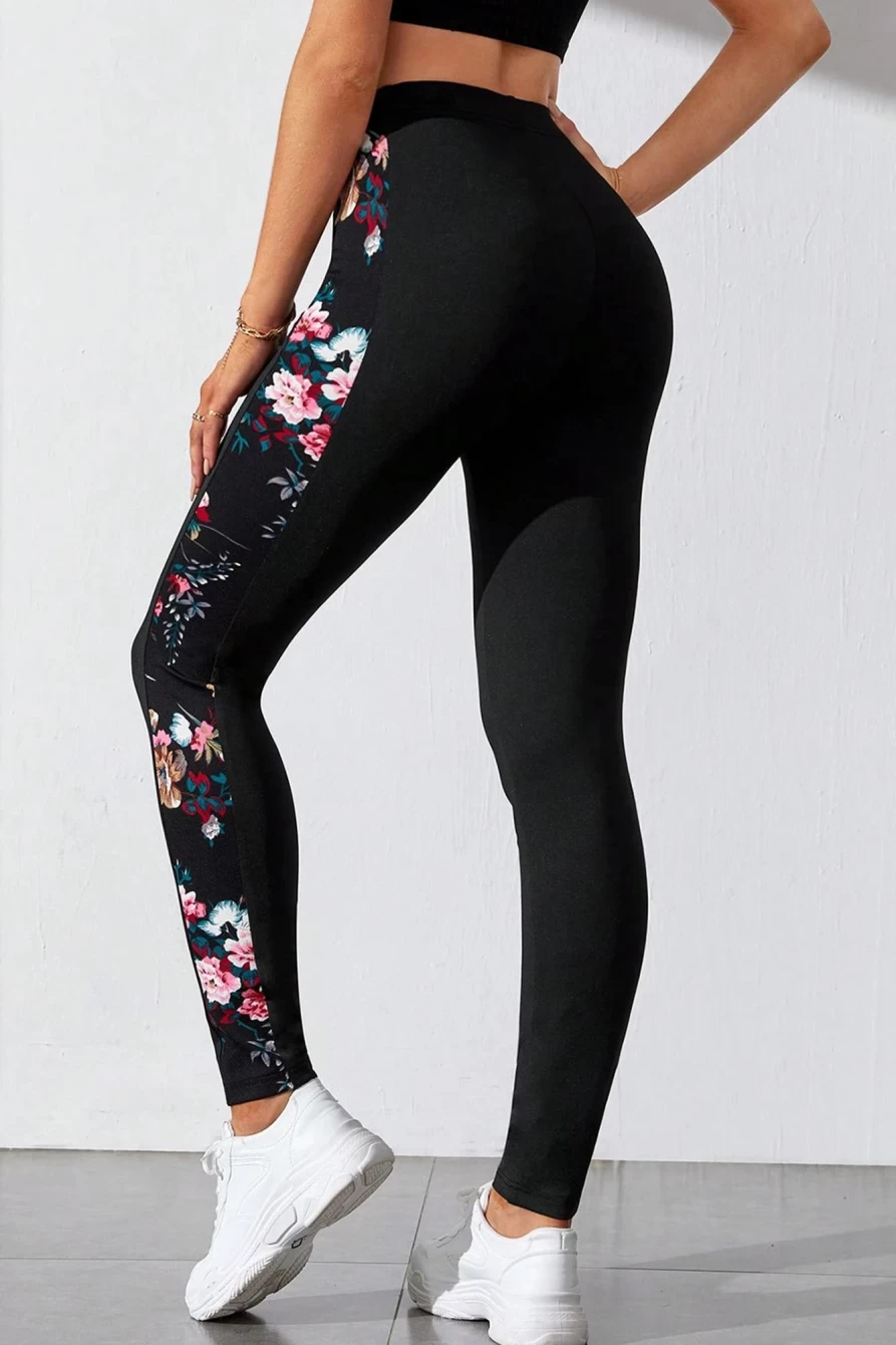 Shewin Women's Black High Waist Floral Print Patch Leggings