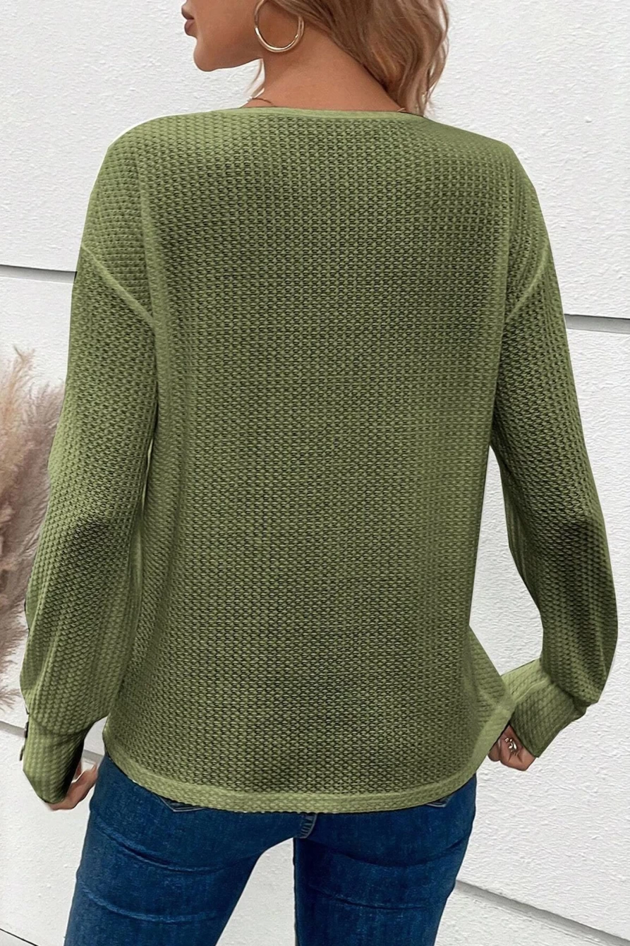 Shewin Women's Jungle Green Textured Knit V-Neck Button Long Sleeve Top