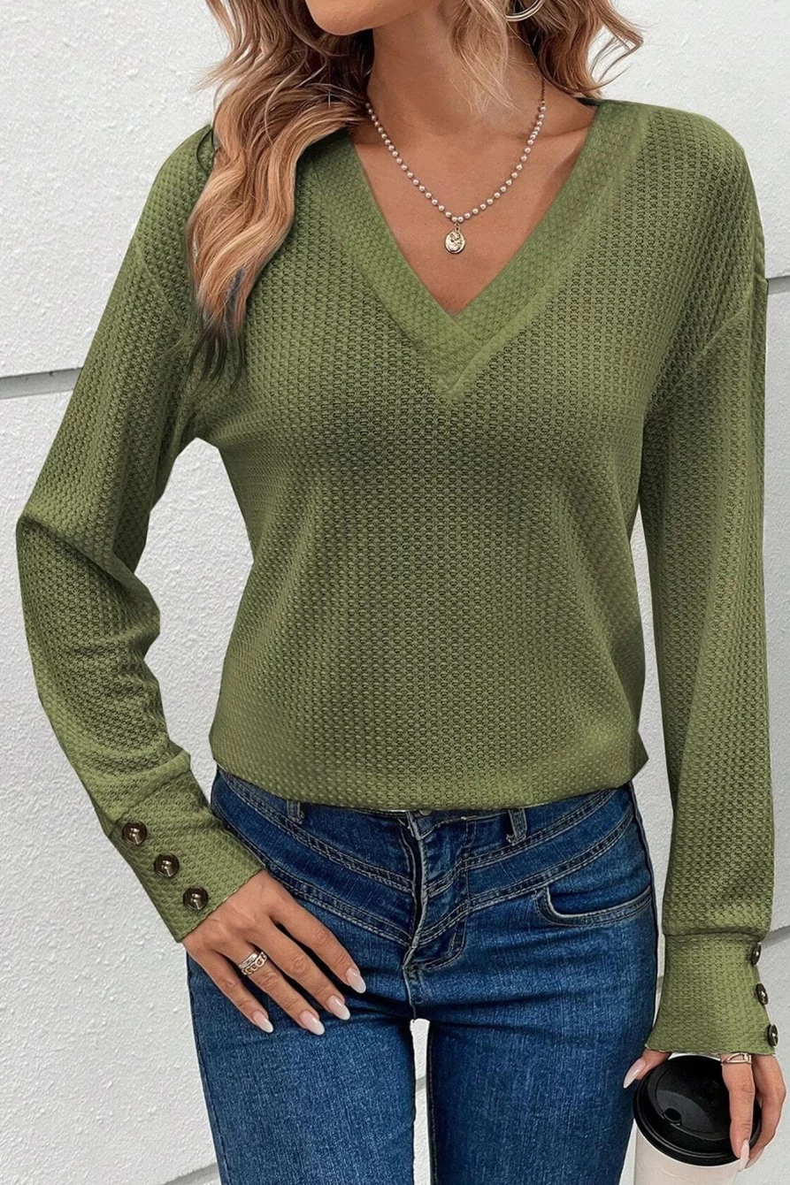 Shewin Women's Jungle Green Textured Knit V-Neck Button Long Sleeve Top