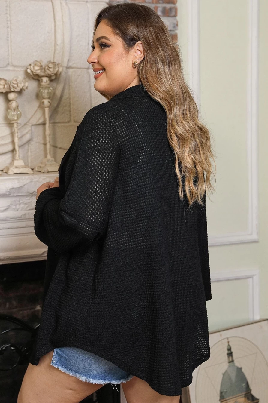 Shewin Women's Plus Size Black Waffle Knit Shirt with Chest Pocket