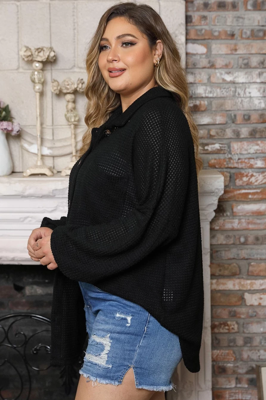 Shewin Women's Plus Size Black Waffle Knit Shirt with Chest Pocket