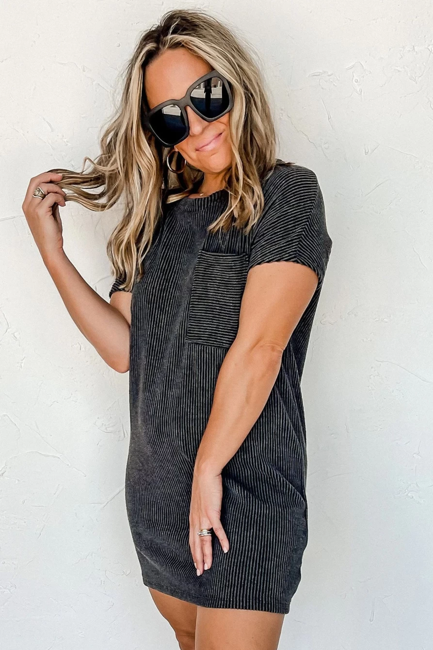 Women's Gray Ribbed Short Sleeve T-Shirt Dress with Chest Pocket - SHEWIN Casual Comfort Fit