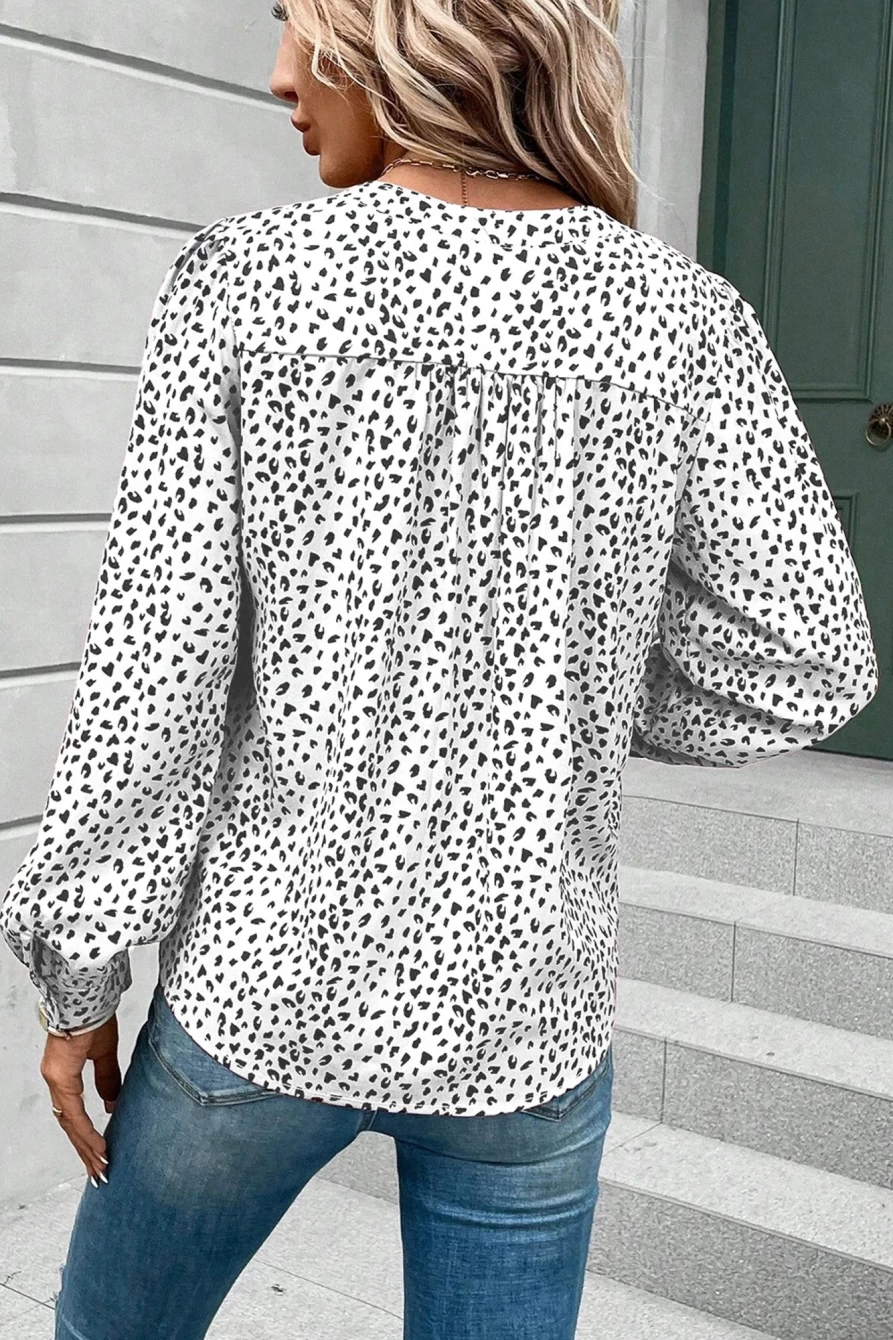 Shewin Women's White V-Neck Leopard Print Pullover Shirt