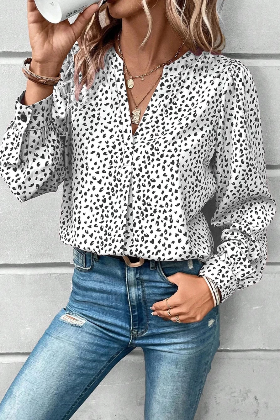 Shewin Women's White V-Neck Leopard Print Pullover Shirt