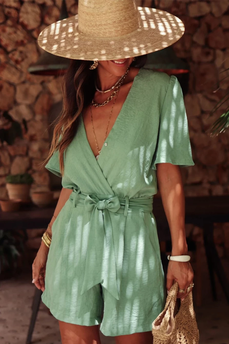 Shewin Women's Grass Green Solid Color V-Neck Wrap Waist Tie Romper Jumpsuit