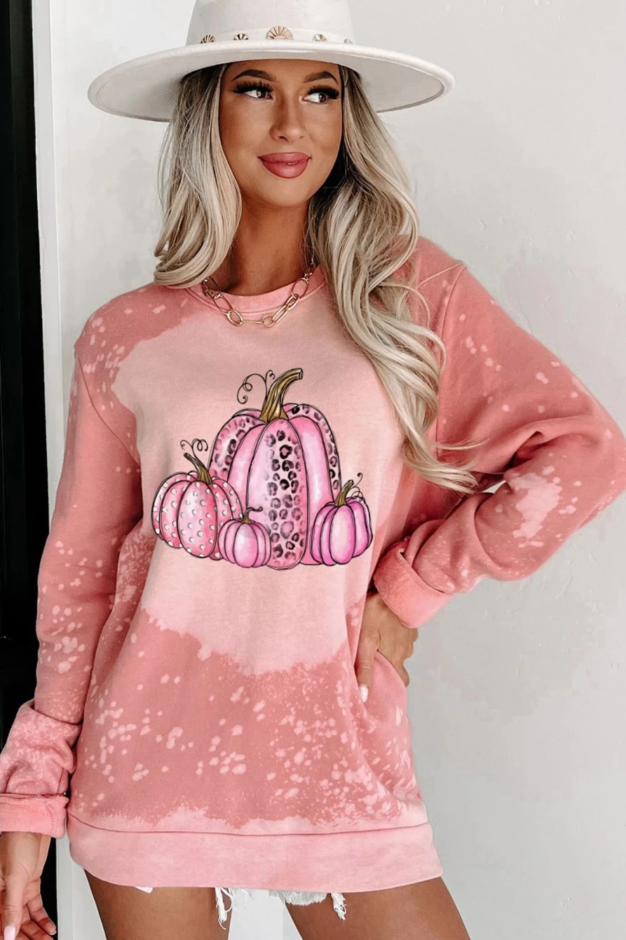 Women's Pink Pumpkin Tie-Dye Graphic Sweatshirt - Shewin Bleached Pullover Hoodie