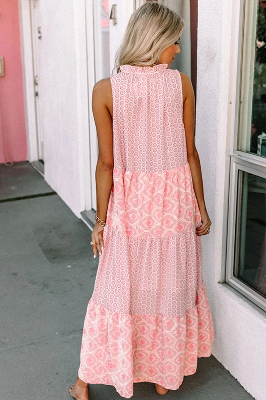 Shewin Women's Pink Abstract Print Sleeveless V-Neck Tiered Summer Dress