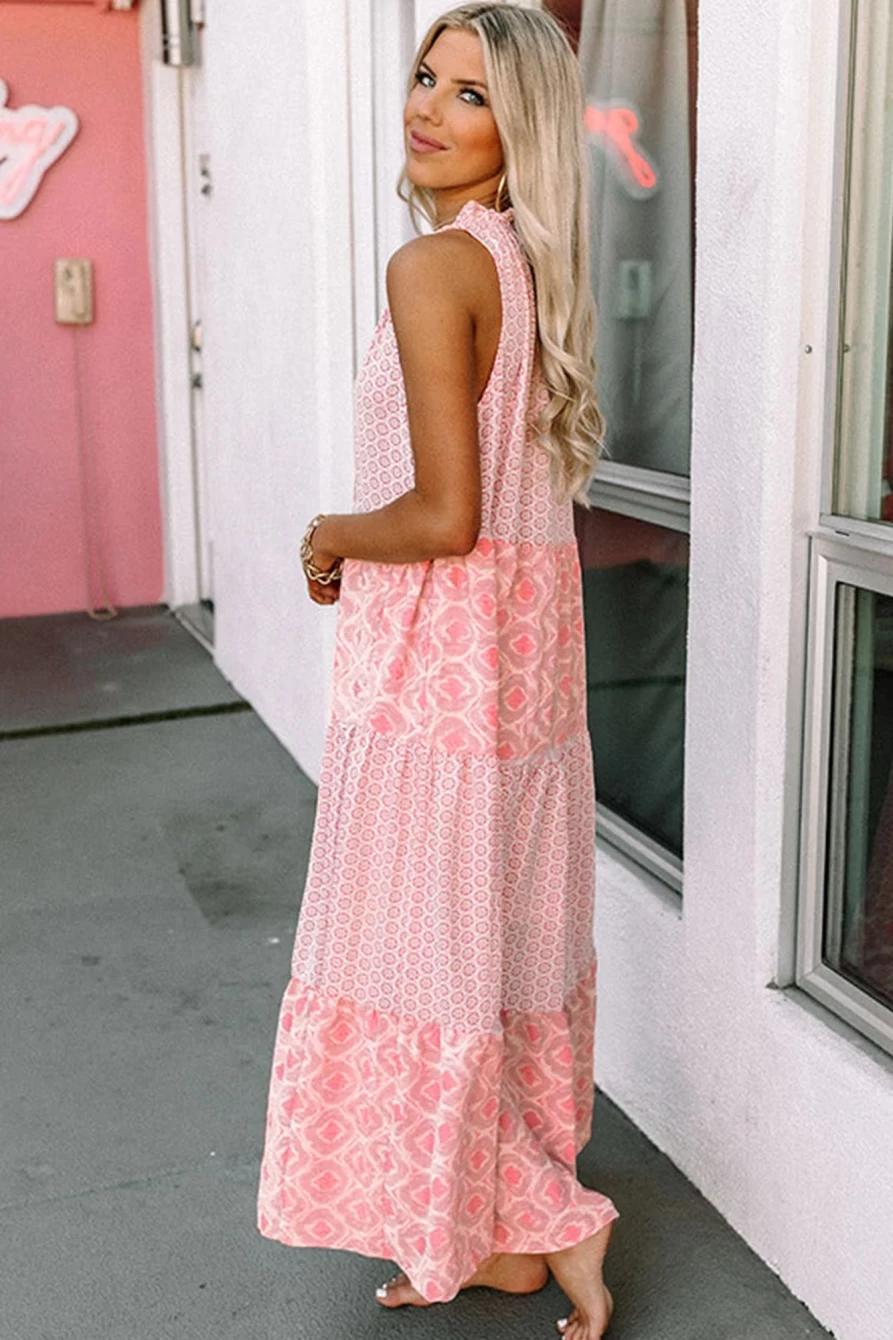Shewin Women's Pink Abstract Print Sleeveless V-Neck Tiered Summer Dress